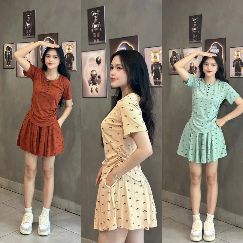 Set Quần Kiểu Váy Kèm Áo Tay Cộc Chất Thun Tăm Lạnh Giá Học Sinh Sinh Viên Có size 40-70kg Nữ Women Kem Top Tím