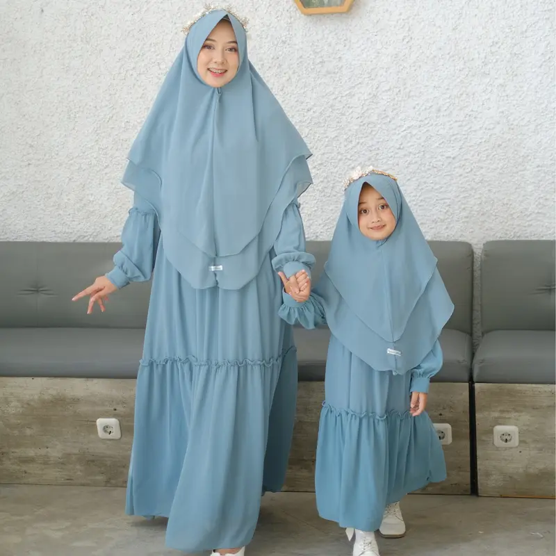 Baju Dress Gamis Wanita Syari Couple Cople Kapel Ibu Anak Perempuan Muslim Terbaru Ceruty Mewah Lebaran  Pasangan Dewasa Pasangan 2