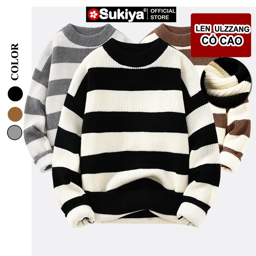 Áo Len Nam Nữ Cổ Cao SUKIYA Chất Sợi Len Lông Thỏ mềm mại kiểu dáng Hàn Quốc AL85 Nhung Menswear Sọc