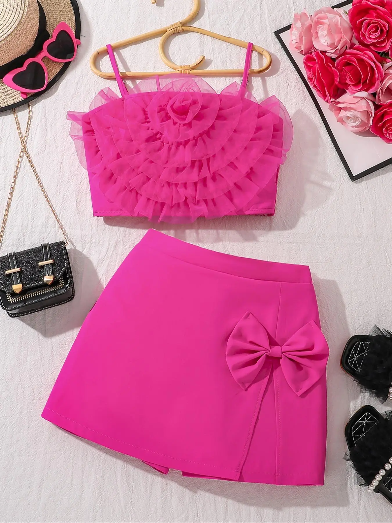 Two-piece Set Girl's Solid Shirred Crop Cami Top & Bow Decor Skort Set, Elegant Fashion Casual Outfits for Daily Outdoor Wear, Girls Clothing for Summer