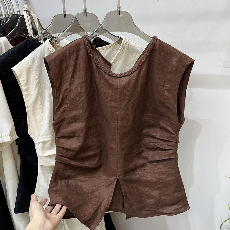 Áo Sơ Mi Vải Lanh Cotton, Không Tay Xếp Ly Dành Cho Phụ Nữ, Thiết Kế Cao Cấp, Áo Cánh Thắt Lưng, Tay Áo Rung, Hàng Mới Về Mùa Hè 2024 0