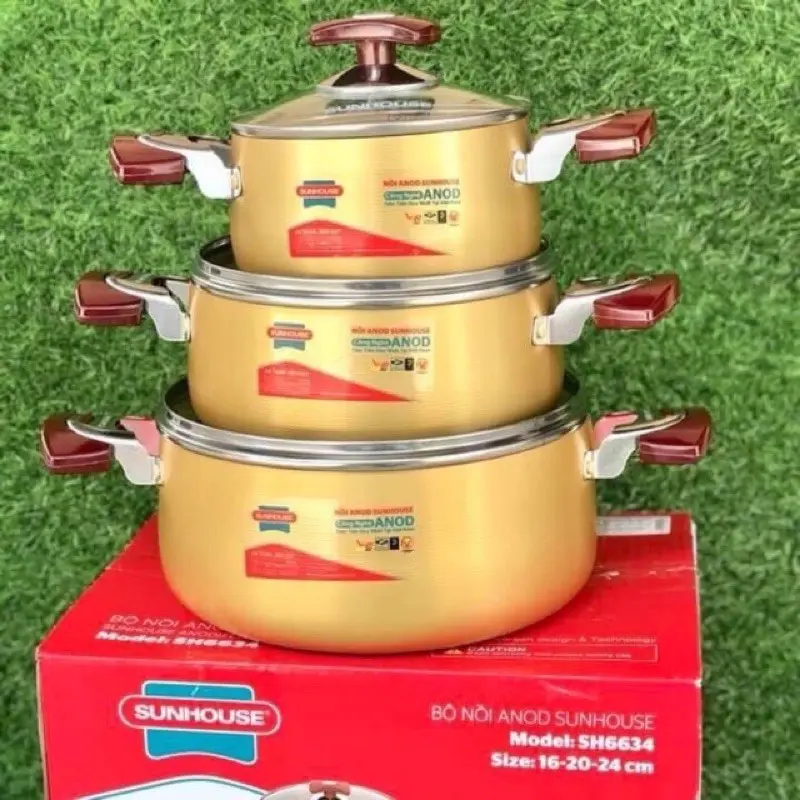 Bộ 3 Nồi  Vung Kính Màu Vàng sh