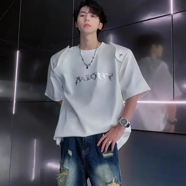 Deconstructed American Niche Padded Shoulder T-Shirt Short Sleeve Men's Summer Trendy Brand Patchwork Design Loose Fit Half Sleeve Tee