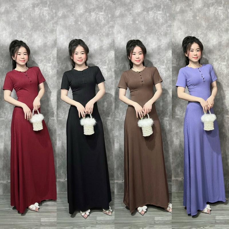Đầm Tay Ngắn Dáng Dài Nút Cài Chất Thun Đũa QC Co Giãn Mềm Mát Mẻ Mùa Hè Nhung Women Nữ Dress Voi Voan Màu Đỏ