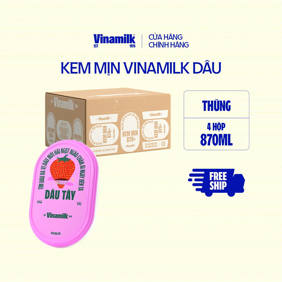 [CHỈ GIAO THÀNH PHỐ LỚN BÁN KÍNH 10KM] Thùng 4 hộp Kem mịn Dâu hộp 870ml