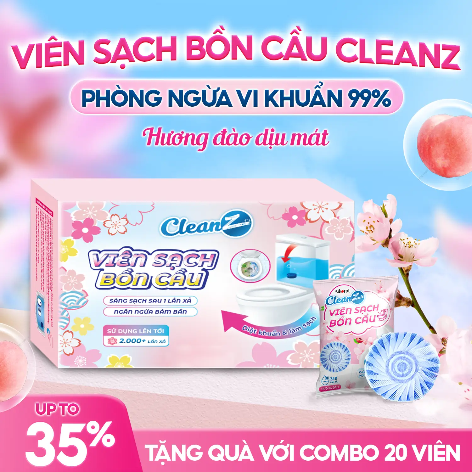[Mua 1 Được 2] Viên Sạch Bồn Cầu Cleanz Sạch Khuẩn Thơm Mát Làm Sạch Mảng Bám Khử Mùi Diệt Vi Khuẩn Toilet Thế Hệ Mới Hương Đào 50G/Gói