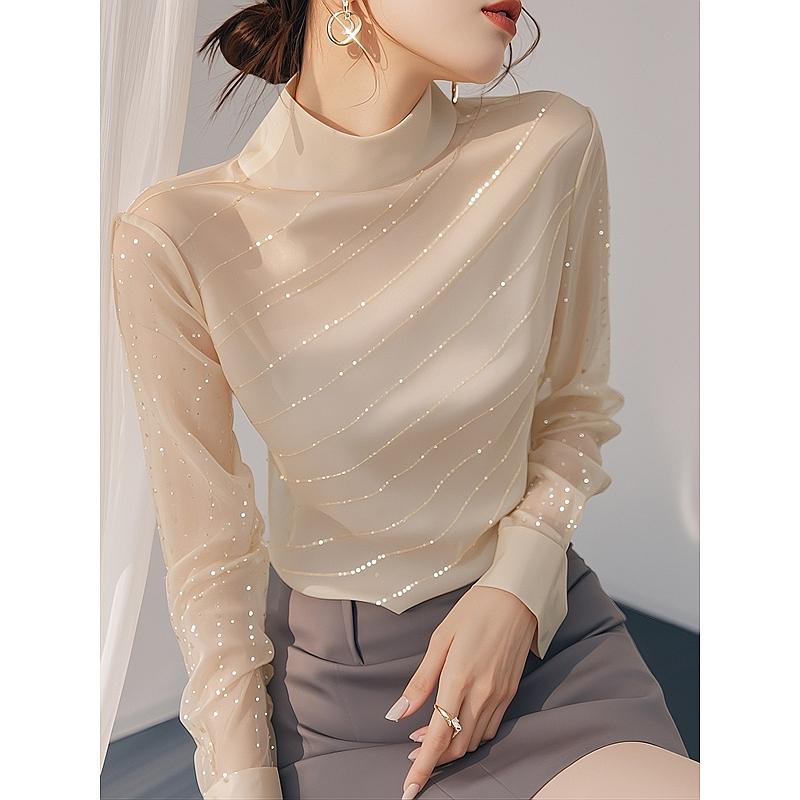 Product Introduction of Beautiful Blouse French Style Temperament Top Light Beige Sequined Long Sleeve Women's Shirts Womenswear Lingerie Comfort Basic Minimalist 3