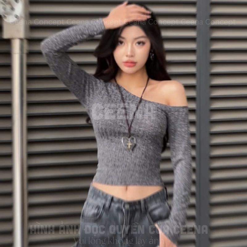 Áo tay dài trễ vai Ceena Basic Top Women có 3 màu xám đậm/xám nhạt/đỏ