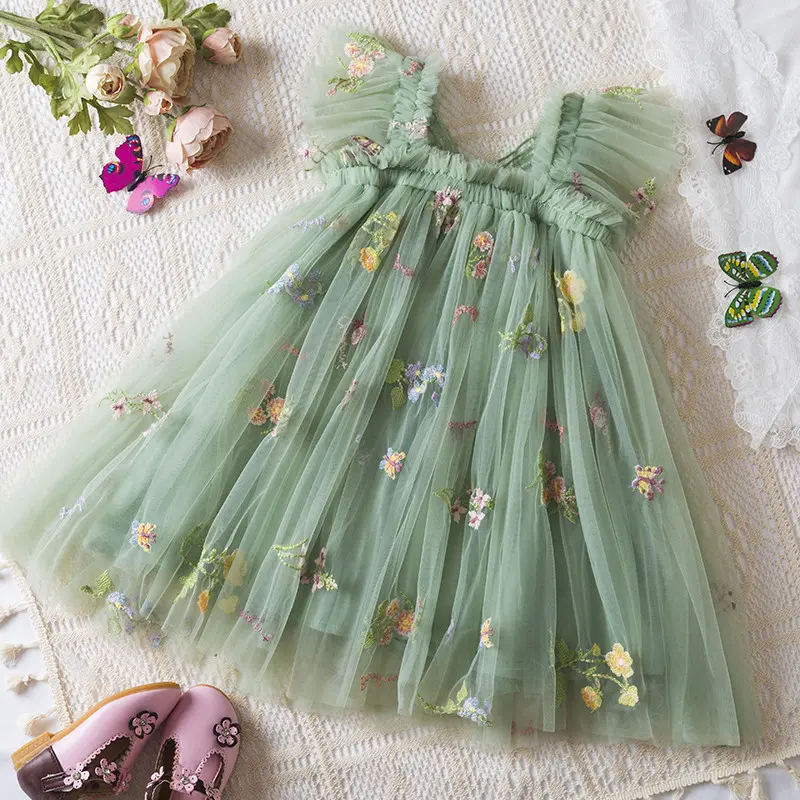 Butterfly Dress for Kids Girls 1-5 Years Ruffles Sweet Summer Mesh Dress Flower Embroidery Birthday Party Princess Dresses with Butterfly 2