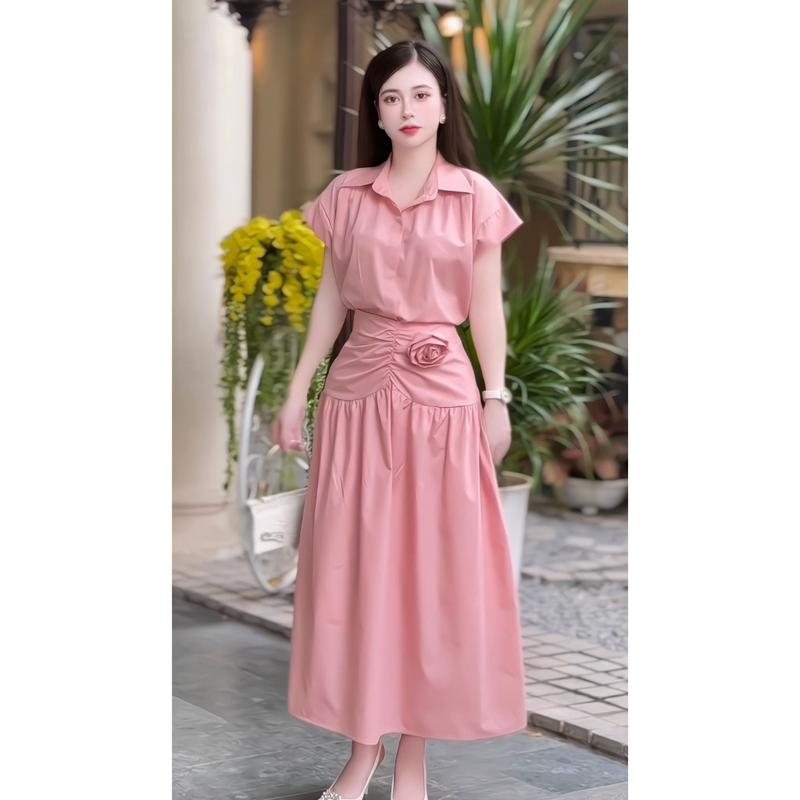 BỐNG - Set thiết kế áo somi mix chân váy dáng dài chất thô hàn kèm tag hoa Nữ Women Kem 0