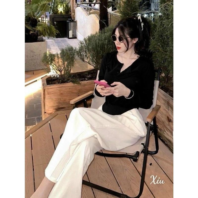 [Dưới 54kg] Set đồ nữ áo cổ u tay dài vạt bầu phối nút + quần suông dài trắng lưng thun sau có túi