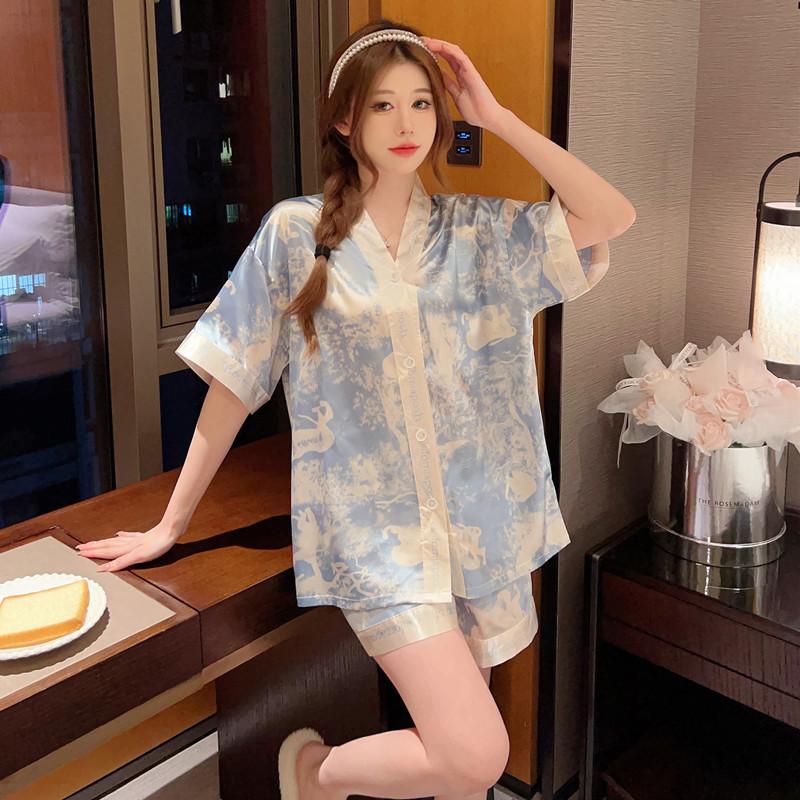 Ink Painting Ins Style Summer Women's Light Luxury Short Sleeve Loose High-end Feel Wearable Ice Silk Pajamas Loungewear Set 4
