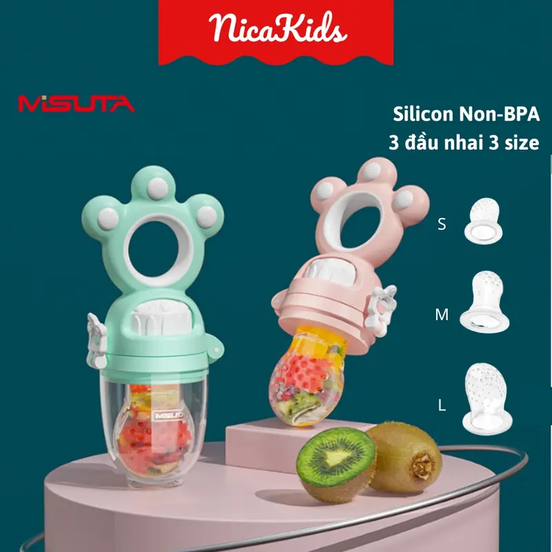 Túi nhai ăn dặm cho bé Misuta silicon cao cấp, không BPA, gồm 3 đầu nhai mềm mại bảo vệ nướu an toàn 0