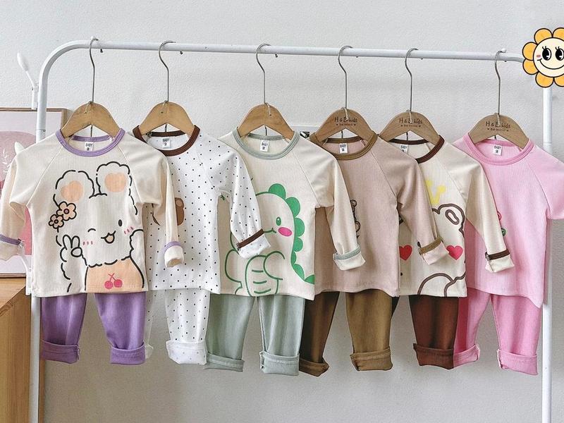 B28 - Bộ quần áo dài tay cho bé trai bé gái, chất thun tăm, họa tiết hình thú dễ thương, thích hợp cho mùa thu đông, từ 8 - 20kg