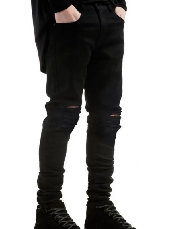 Men's Solid Color Ripped Jeans, Casual Comfy Slim-fitting Denim Pants for Daily Wear, Fashion Men's Bottoms for All Seasons, Cotton 4