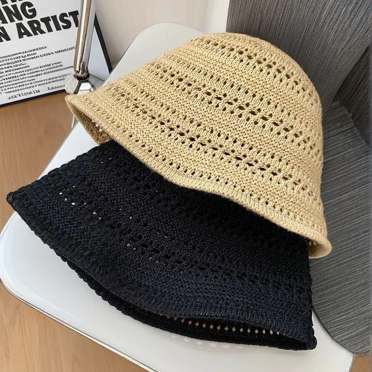 2025 Summer Japanese Style Hollow Breathable Knitted Fisherman Hat Sun Protection Hat Sun Hat Women Bucket Hat