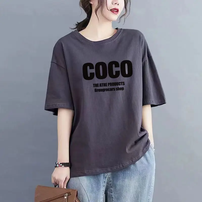 Áo Thun Cotton Ngắn Tay, Bộ Sưu Tập Mới Mùa Hè Năm 2025, Dành Cho Phụ Nữ, Phong Cách Hàn Quốc, Dáng Rộng Vừa Vặn, In Hình, Ngoại Cỡ, Dễ Phối Đồ, Hình Dạng Lắc Lư, Áo Cánh Cổ Tròn, Áo Lớp Nền