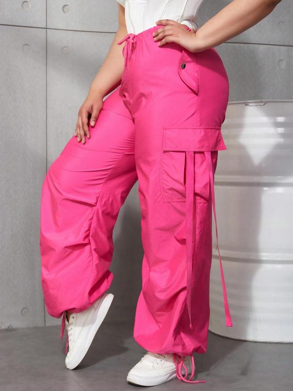 Plus Size Drawstring Waist Cargo Pants, Casual Pocket Design Loose Trousers for Women, Women's Bottoms for Spring & Fall 7
