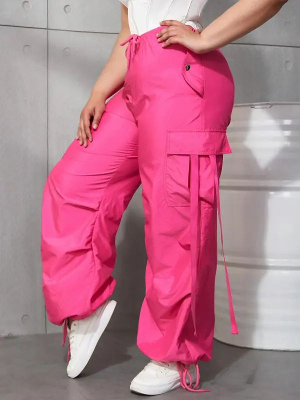 Plus Size Drawstring Waist Cargo Pants, Casual Pocket Design Loose Trousers for Women, Women's Bottoms for Spring & Fall 7
