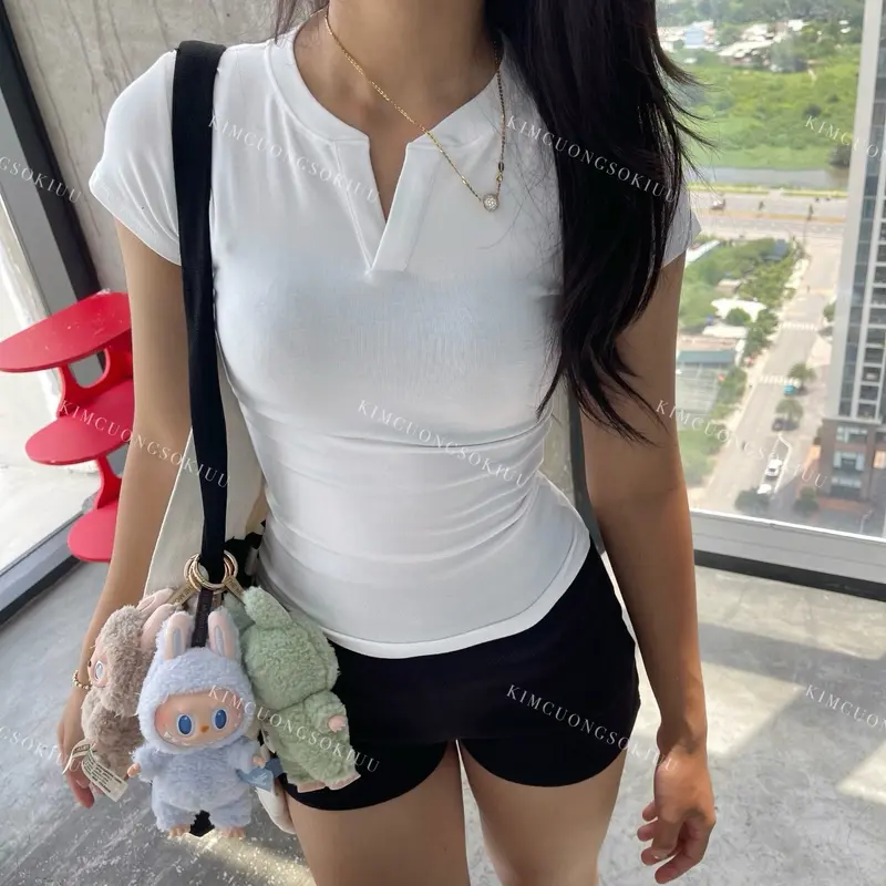 Áo thun cổ trụ tàu eo ôm sát body kimcuongsokiuu cotton trơn Women - Top cho nữ 6