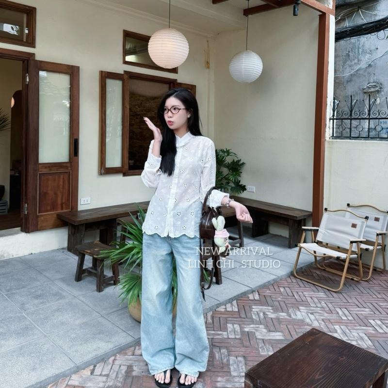 [XẢ HÀNG] Áo sơ mi (mã 378) cổ tàu chất ren mềm hoạ tiết hoa siêu xinh form rộng_Linhchi.studio