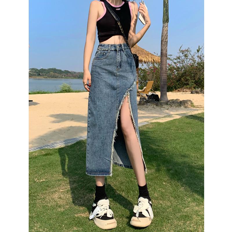 Product Introduction of Tassel denim mid-length spring and autumn 2023 new style raw edge high waist slimming fashionable all-match trendy long skirt 2