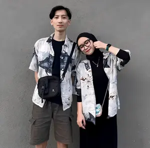 Harga sudah 2 baju KEMEJA HAWAI COUPLE BAHAN RAYON VISCOS V-NECK RETRO Lembut Panjang Wanita Baju Pasangan Atasan Polos Katun