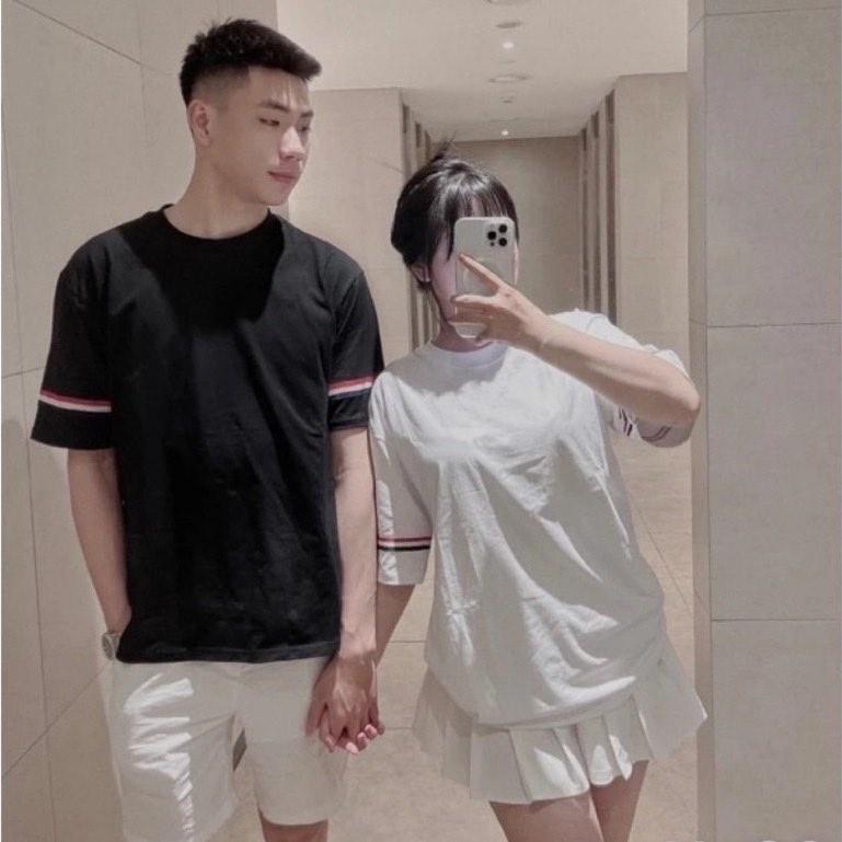 Áo Thun Hai Màu Đen Trắng Phối Tay Thêu Viền Đỏ Menswear Nam Tre