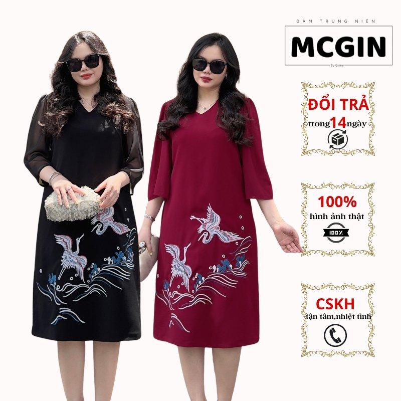 Đầm Trung Niên Sang Trọng Thêu Hải Hạc CG050 form suông A tay voan mềm mại thích hợp cho bà cho mẹ đi tiệc thanh lịch nhẹ nhàng quý phái Dress Women Dài Tay Voi váy  đen bigsize