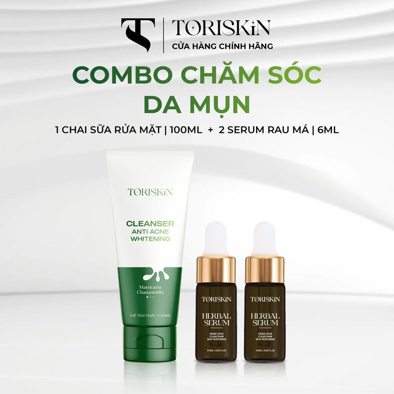 Combo Hỗ Trợ Chăm Sóc Da Mụn - [2 Chai Serum + 1 Sữa Rửa Mặt] - HERBAL SERUM Tinh Chất Rau Má 6ml & Sữa Rửa Mặt  100ml - Skincare Làm Đẹp Da