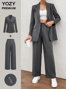 YOZY Women's Solid Lapel Neck Blazer & Suit Pants Two-Piece Set, Casual Long Sleeve Outerwear & Trousers for Work Office Business, Ladies Spring & Fall Clothes