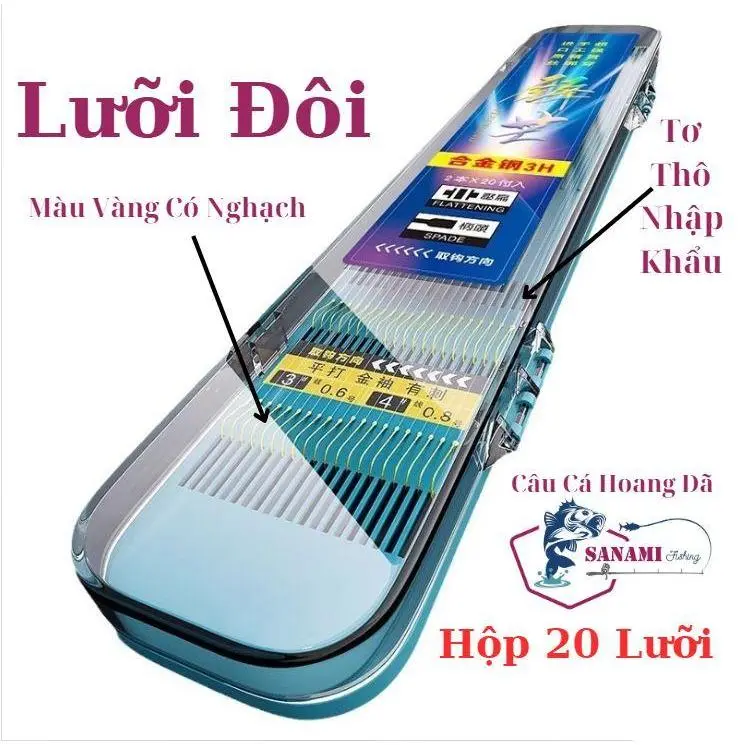 [Mua 2 Tặng 1] Bộ Hộp Đựng Thẻo Set 20 cặp Lưỡi Đôi Buộc Sẵn, Lưỡi Câu Vàng Có Ngạnh Chuyên Câu Đài LC24 - Sanami Fishing