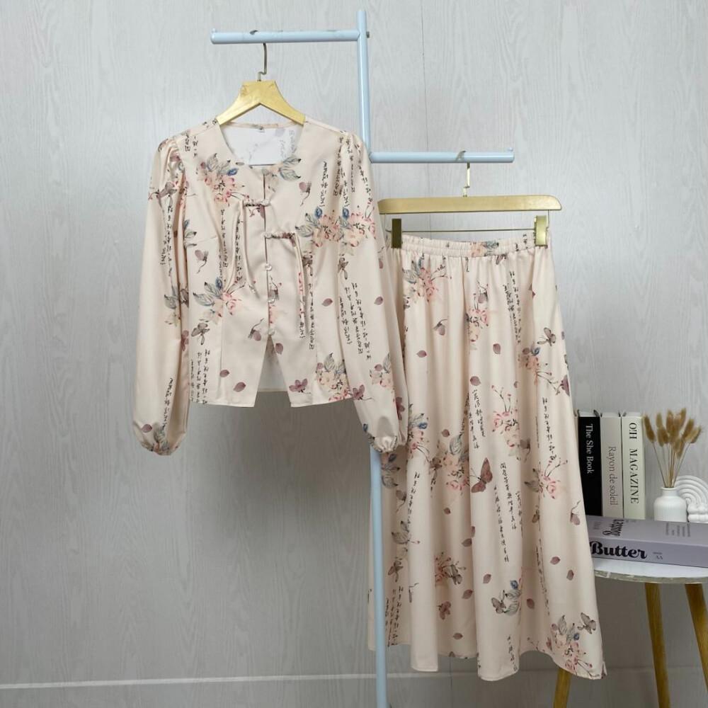 Asaya Setelan wanita bergaya retro Tiongkok, atasan lengan panjang dengan kancing buatan tangan dipadukan dengan rok model A-line yang stylish