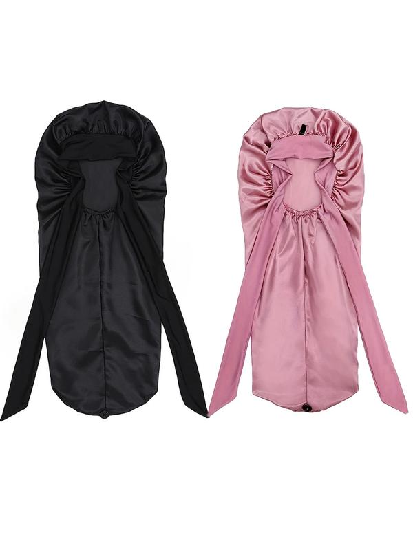 Solid Color Long Satin Bonnet with Bowknot Design (2pcs), Elastic Tie Band Adjustable Straps Jumbo Size Silk Bonnet for Women, Sleeping Bonnet, Fashion Accessories for Daily Use 2