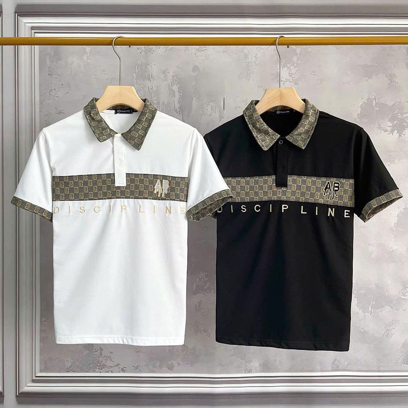Áo thun polo nam cổ trụ thêu logo phối họa tiết nổi trẻ trung chuẩn form menswear Có Cổ Tre Cộc Tay Tay Ngắn
