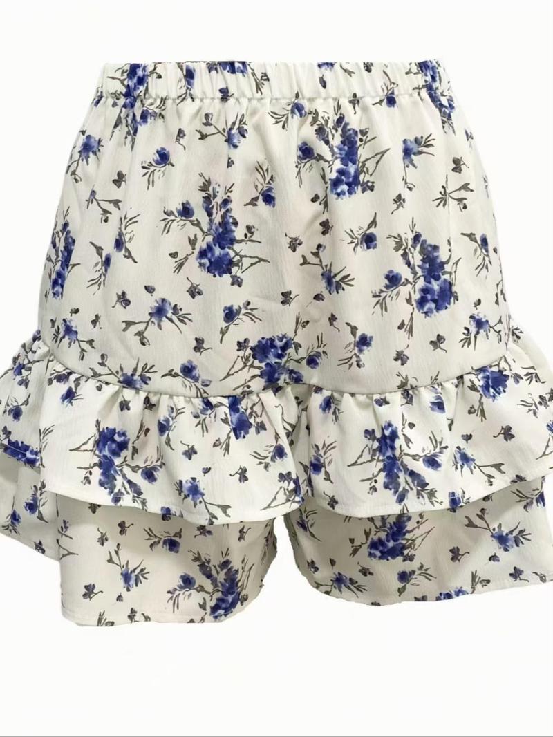 Product Introduction of Women's Ditsy Floral Print Ruffle Trim Shorts, Casual Comfy Double Layer Shorts for Summer, Fashion Women's Bottoms for Daily Wear 6