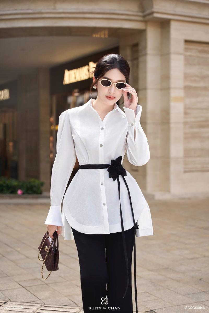 Product Introduction of SUITS BY CHAN - Áo sơ mi kiểu tay dài xếp li tà sau (Ko kèm belt), Quần dài ống loe - VKAO00530 SCQD00046 Nữ Women 42