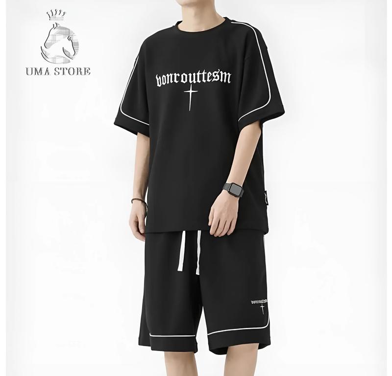 Bộ quần áo BOUSRSTOTM tổ ong thêu chữ thập nam nữ ngắn tay cổ tròn Kẻ sọc Tay ngắn dây rút bản to Có thể giặt bằng máy  4 màu New Menswear Thun Thun đường nâu thường xxl đồng hồ màu đen bodonam