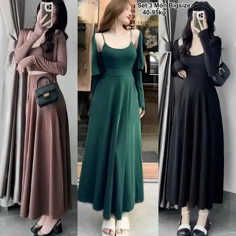  Thời Trang Bigsize - Set 3 Món Bigsize Chân Váy Xòe Dáng Dài Kèm Áo 2 Dây Mix Áo Khoác Thun Tăm Hot Hit Nữ Cao Cấp Xinh Đẹp Sang Trọng Dễ Thương Giá Rẻ 40-95kg Én Nhỏ Có Bigsize Nhung Đen Voi Kem Tím - 2404 