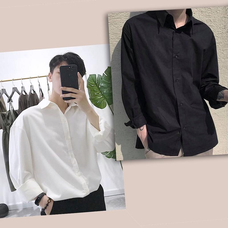 Áo Sơ Mi Nam Tay Dài Cotton Lụa Kiểu Hàn Quốc Unisex, Áo Sơ Mi Trắng Nam Form Rộng Đi Học Dài Tay Trơn Basic Thoáng Mát, Áo Nam Đẹp Bigsize Đen Phong Cách Thời Trang