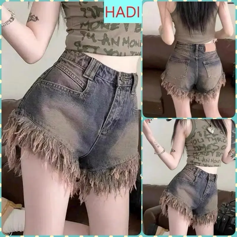 Short jean nữ nâu rách gấu tua rua ảnh thật