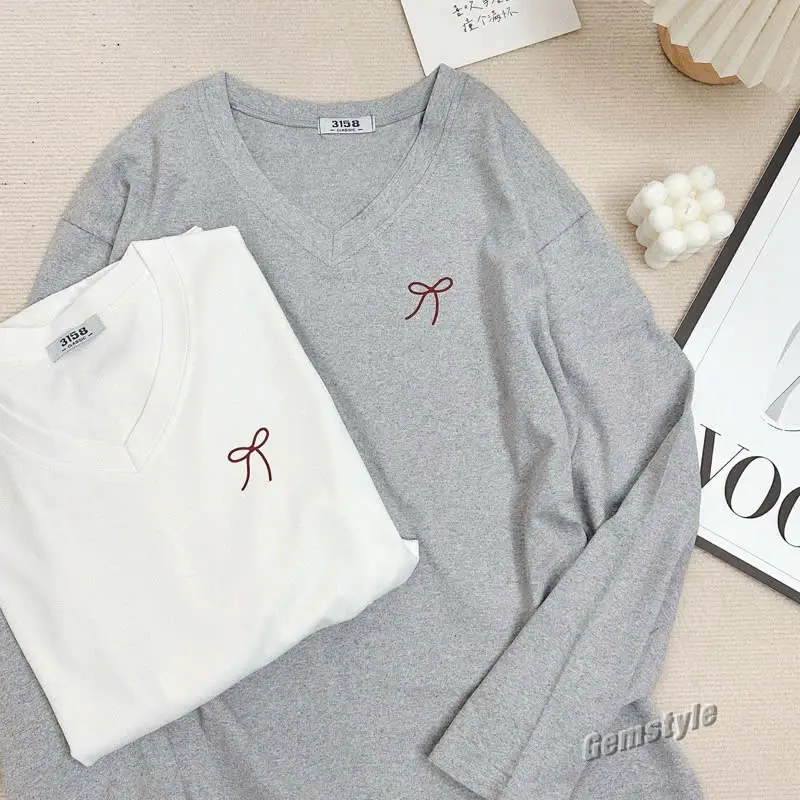 Áo thun nữ dài tay cổ tim NƠ nhỏ, chất cotton khô 3158 dày dặn giữ nhiệt