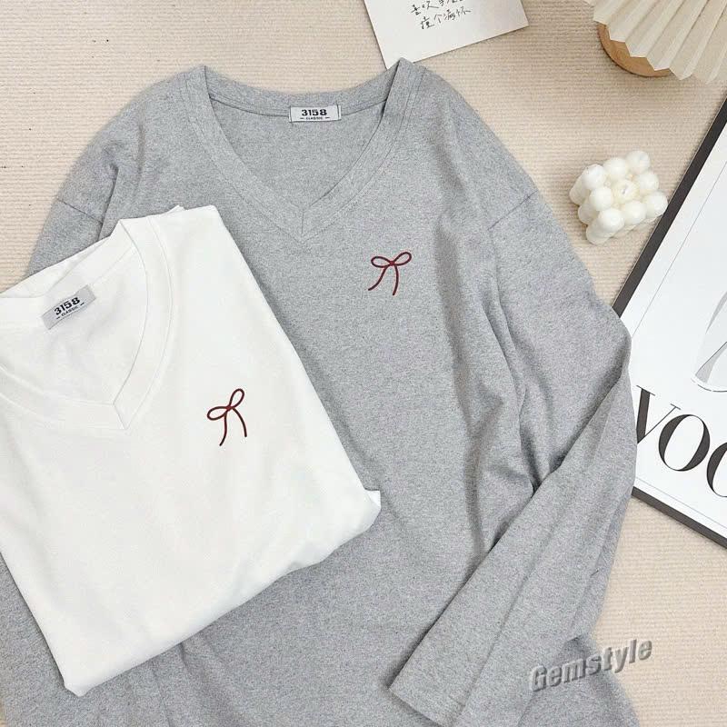 Áo thun nữ dài tay cổ tim NƠ nhỏ chất cotton khô 3158 dày dặn giữ nhiệt