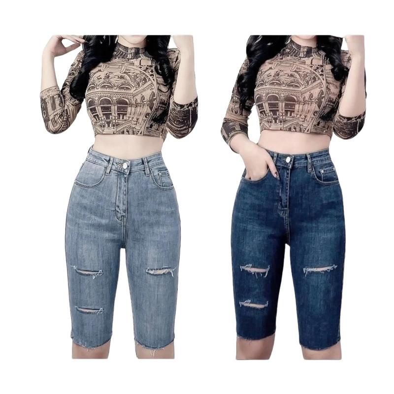 Quần Ngố Jean Co Giãn Rách Gối Form Ôm Dáng QJ196 Nữ Pants Denim Có Túi Women