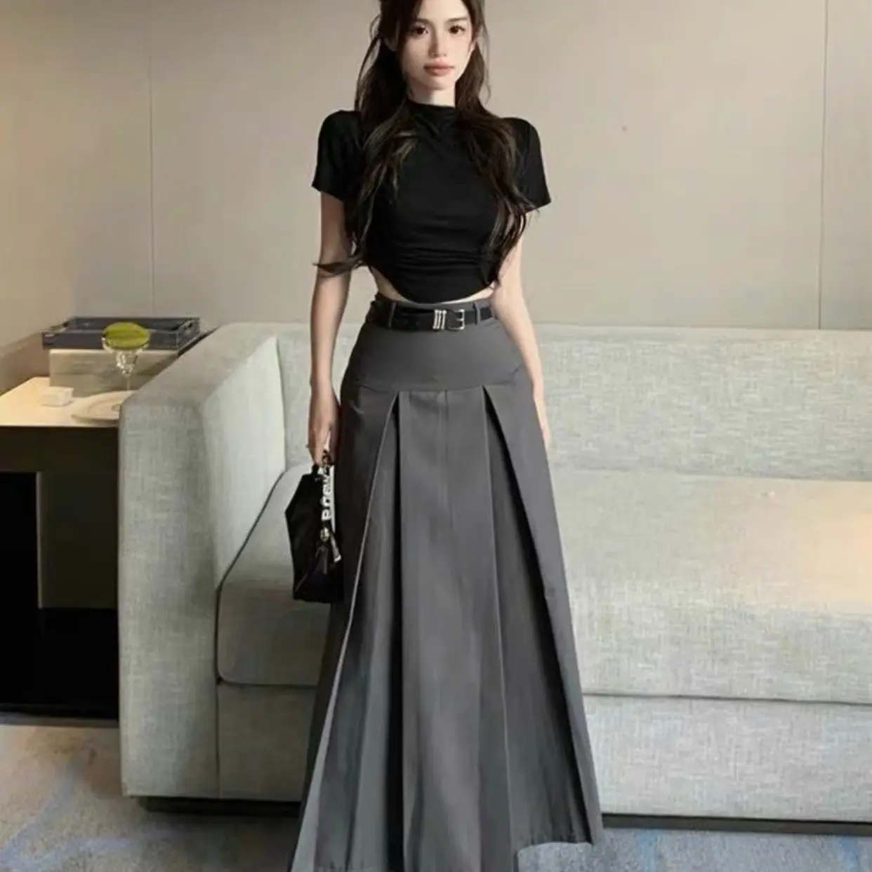 Chân váy dáng dài xếp ly 2 màu ĐEN-GHI lên dáng cực xinh