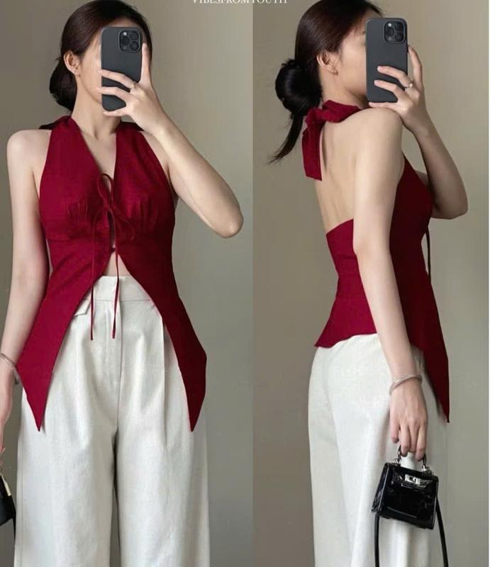 Áo cổ yếm hở lưng cột nơ tà nhọn, có mút ngực may 2 lớp, chất Linen (màu đỏ là đỏ ngói)