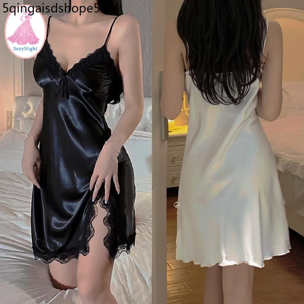 พร้อมส่งในไทย SexyNight🌸🌸ชุดนอนอยู่บ้านของผู้หญิงที่เรียบง่าย🌜🌜ชุดนอนสตรีผ้าซาตินลูกไม้🎵🎵สายปรับระดับได้🚛🚛พร้อมส่ง（H1001）