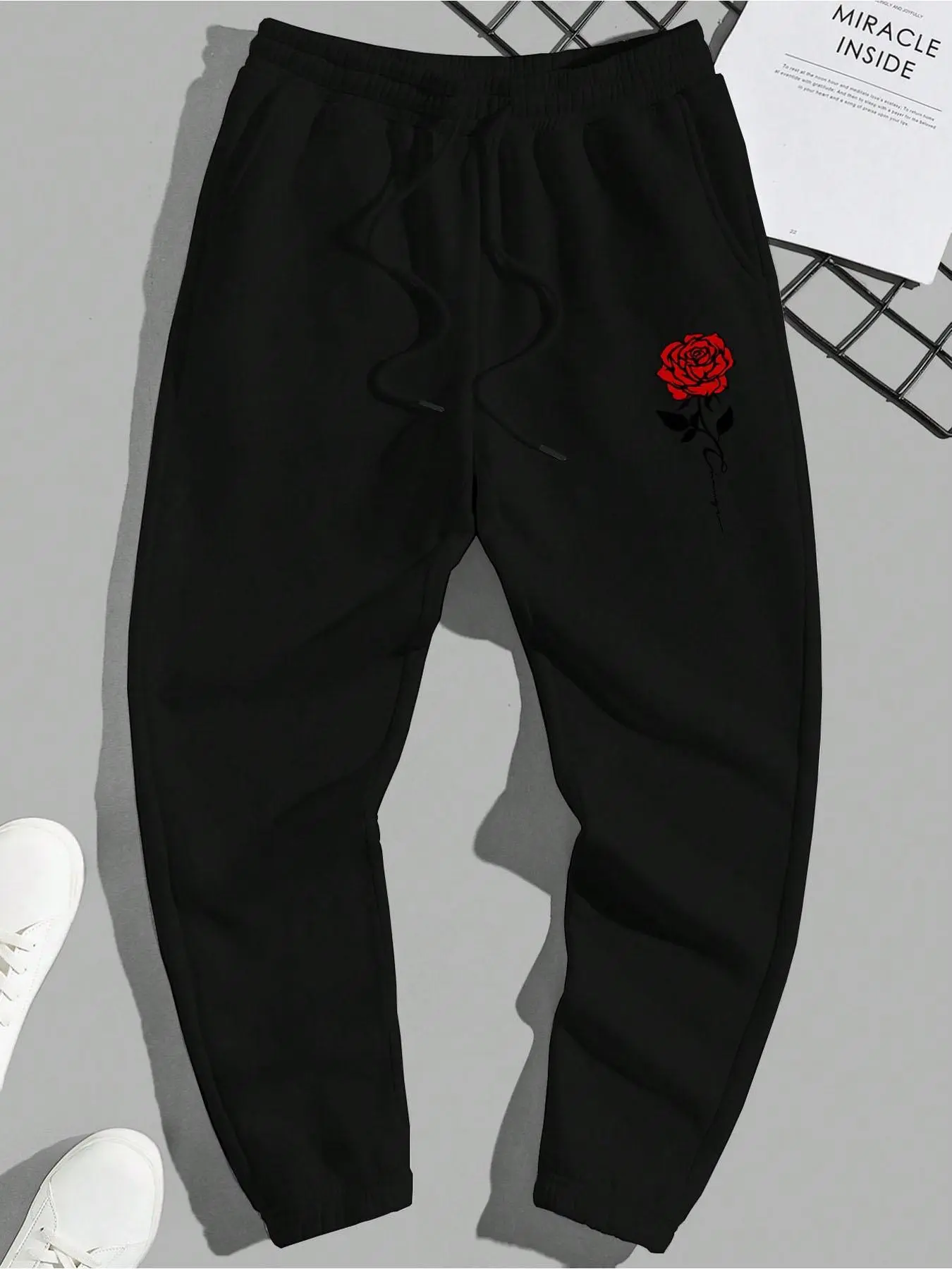 Men's Rose Print Drawstring Waist Pants, Regular Fit Casual Comfy Jogger Pants for Daily Wear, Men's Trousers for All Seasons
