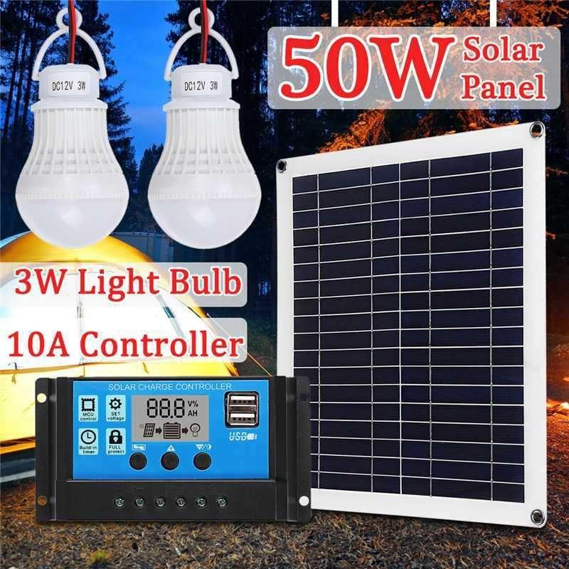 Solar Panel Suria dengan Pengawal, 50W, Mentol Lampu, Wayar Penyambung ...