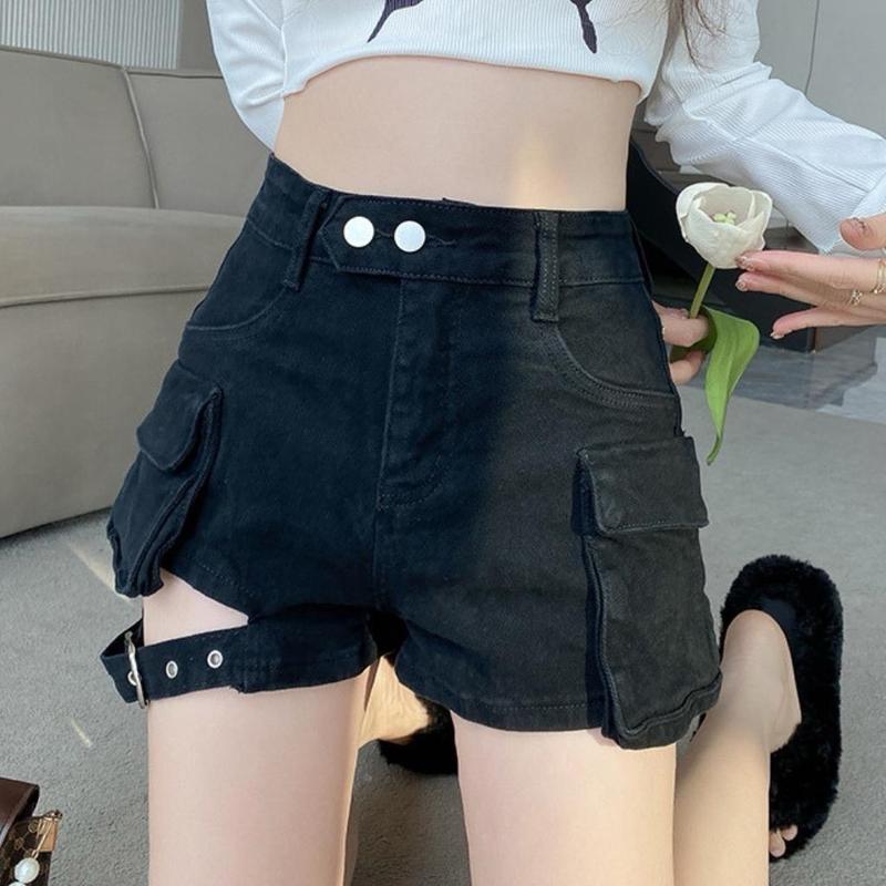 Quần Đùi jean kaki co dãn Nữ Dáng Ngắn Phối Túi Hộp Đai Đùi Pants Trắng Voi